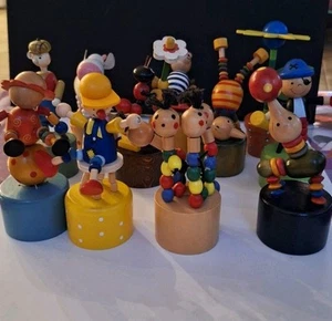 Vintage 11 Wooden Painted Push Button Puppets Dancing - Picture 1 of 21