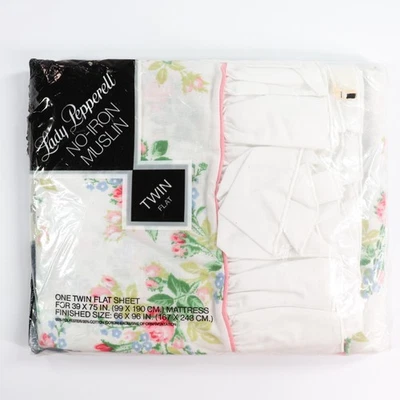 NOS Vintage Bed Sheet Lady Pepperell Twin Flat Shabby Pink Roses Floral Ruffle - Image 1 of 4