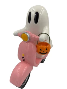 Halloween Ghost on pink moped with pumpkin bucket 10” New - Picture 1 of 6