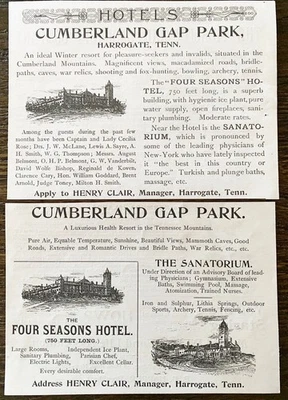 Cumberland Gap Park FOUR SEASONS HOTEL Harrogate, Tennessee. RARO Antiguo 1893 Anuncios impresos Foto 1 de 3