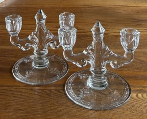 HEISEY TRIDENT 2 LIGHT CANDLEHOLDER PAIR CUT GLASS ETCH ELEGANT GLASS - Picture 1 of 7