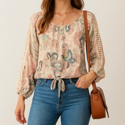 Blusa Campesina Boho American Rag S Manga Crochet Paisley Corbata Dobladillo Festival Top Foto 1 de 4