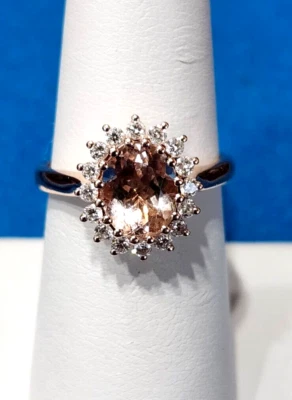 Morganita melocotón oro rosa 14K con anillo halo de diamantes - talla 7 - 3,2 g Foto 1 de 4