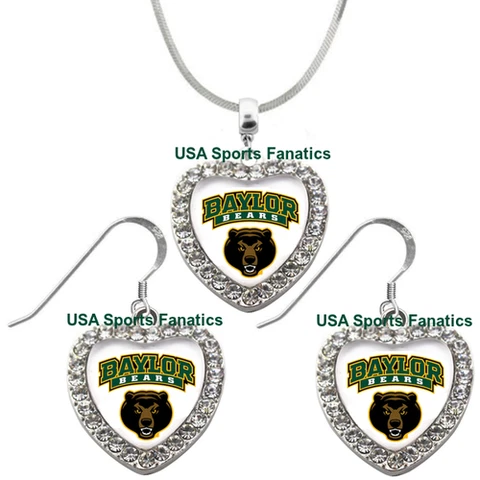 Baylor Bears 925 Necklace or Earrings or Set Team Heart With Rhinestones Cover