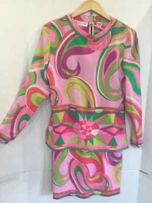 Vintage 1980s PIA RUCCI 2 pc 100% Silk Designer Pop Art Geometric 8 Pink Green - Image 1 of 4