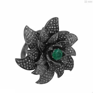 925 Sterling Silver Emerald Gemstone Ring Pave Diamond Cocktail Designer Ring - Picture 1 of 6