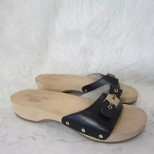 Dr Scholl's Original Sandals Women's Size 10 M Black Leather Slide Wooden Heel - Picture 1 of 10
