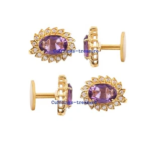 Natural Amethyst & CZ Stones Gold Plated 925 Solid Silver Tuxedo Buttons set #44 - Picture 1 of 6