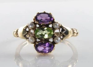 SUFFRAGETTE 9K 9CT GOLD PERIDOT AMETHYST PEARL ART DECO RING FREE RESIZE - Picture 1 of 5
