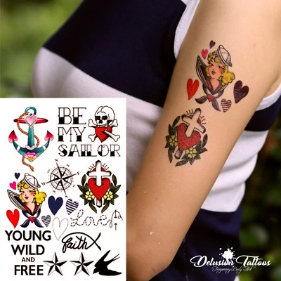 DELUSION TATTOOS TEMPORÄRES TATTOOS SET, MATROSE, ANKER, SKULL, STERNE, HERREN, DAMEN, KINDER, SCHWARZ