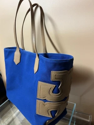 Tory Burch Vintage Tote Bag Blue Canvas Classic Tan Leather Large Logo - Image 1 of 4