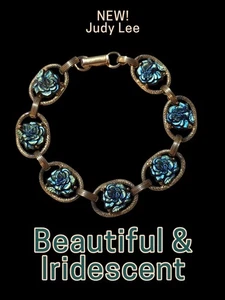 1960s Judy Lee Bracelet Color Shifting Blue Purple Irridescent Flowers Small 6"  - Picture 1 of 7