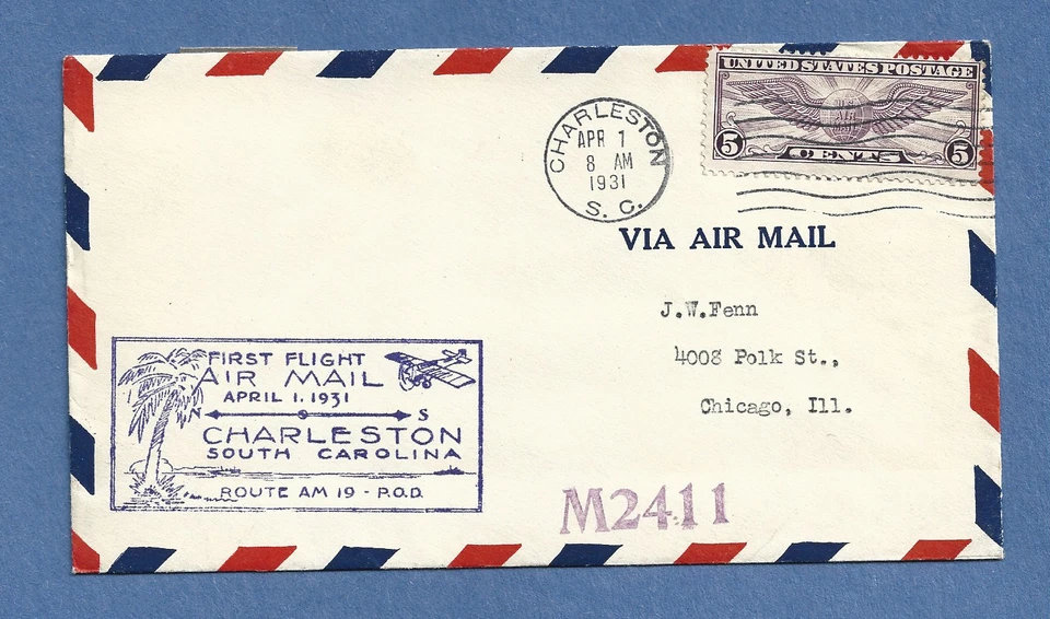CHARLESTON S.C TO CHICAGO ILL APR 1,1931 19N23  FIRST FLIGHT - Image 1 of 1