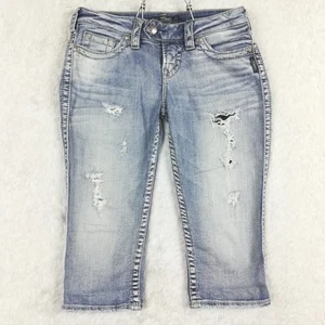 Silver Jeans Womens Tuesday Capri Blue Denim Light Wash Distressed Patch Low 28 - Picture 1 of 10
