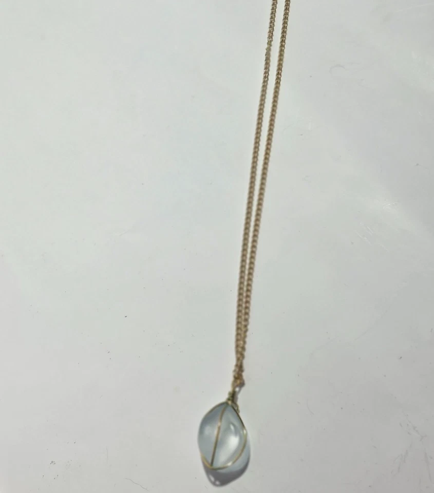 Tumbled (Sea)  glass necklace blue/white beach vacation 15" gold colored* - Image 1 of 4