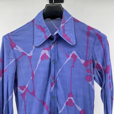 Vintage 70s Roland Shirt Mens Large (smaller) Blue Purple Abstract Disco Retro - Image 1 of 4