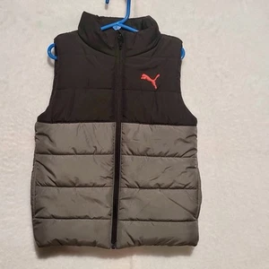 PUMA Boys Size XS 5/6 Black/Gray Zip-Up Puffer Vest Red Logo With Pockets - Picture 1 of 8