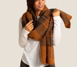 Barefoot Dreams CozyChic Plaid Scarf Wrap Honey Carbon Oversized Soft 72”X17” - Picture 1 of 8