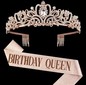 Rose Gold Crown for Women Birthday Queen Sash & Rhinestone Tiara Set Birthday... - Picture 1 of 7