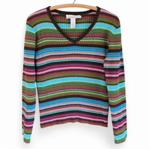 Jones New York Sport gestreifter V-Ausschnitt Pullover Baumwolle Langarm mehrfarbig XL - Bild 1 von 7