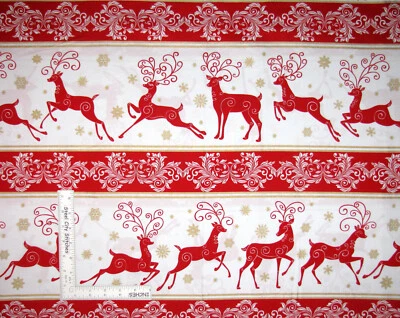Christmas Fabric Deer Festival Reindeer Stripe Red Cotton Benartex By The Yard - Image 1 of 3