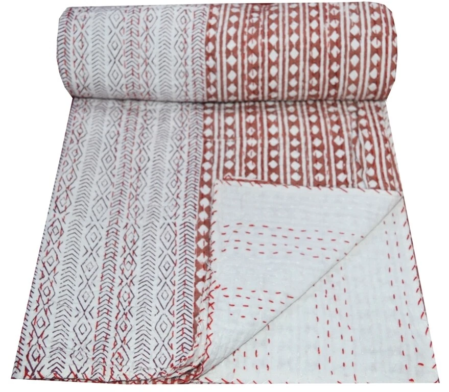 Indian Handmade Cotton Kantha Quilt Polka Dot Print Bedspread Blanket Throw  - Image 1 of 4