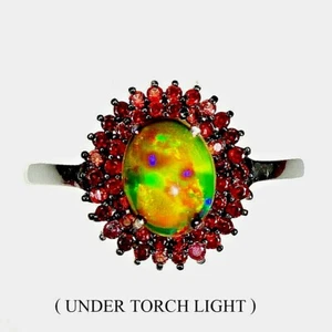 AAA+ FULL FLASH RAINBOW FIRE OPAL & ORANGE SAPPHIRE RING 925 STERLING SILVER SZ9 - Picture 1 of 3