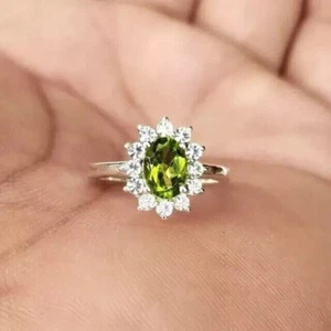 2 Ct Oval Cut Lab-Created Green Peridot Engagement Ring 14k White Gold Plated - Picture 1 of 4