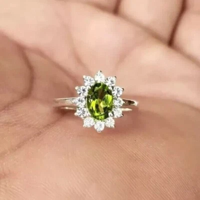 2 Ct Oval Cut Lab-Created Green Peridot Engagement Ring 14k White Gold Plated - Image 1 of 4