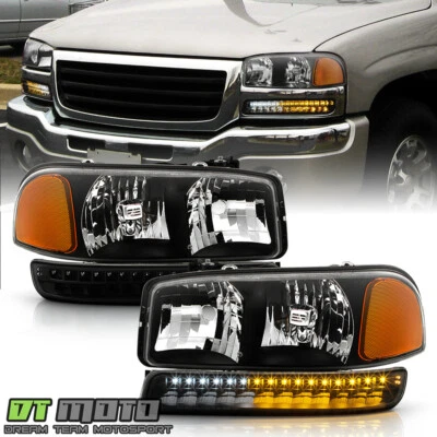 Black 1999-2006 GMC Sierra Yukon XL Headlights LED Parking Bumper Signal Lights - Image 1 of 4