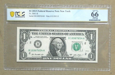 2013 $1 Dollar Bill US Federal Reserve Note Reverse Ladder B10987654H PCGS 66 - Image 1 of 2