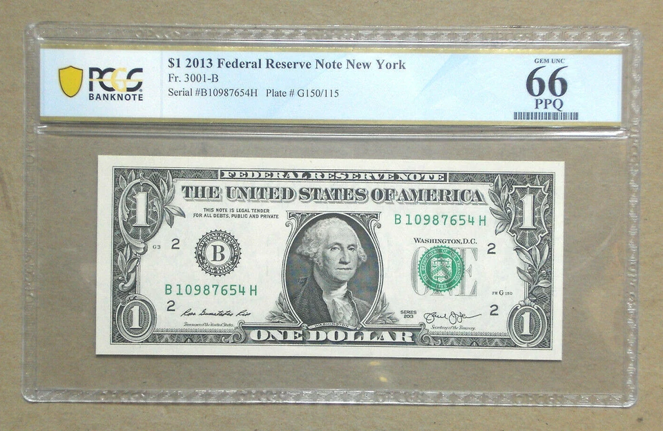 2013 $1 Dollar Bill US Federal Reserve Note Reverse Ladder B10987654H PCGS 66 - Image 1 of 2