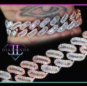 Rose Gold Baguette Simulated Diamond Bracelet, Mens Iced Out Cuban Link Bracelet - Picture 1 of 10