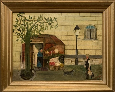 VTG Signed Folk Art COTTAGE Framed Original Painting PARIS FLOWER MONGER DOGGIE - Image 1 of 4
