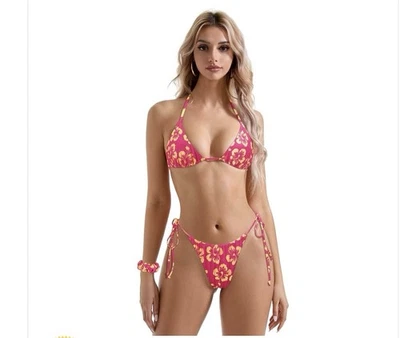 Mujer Rosa Floral Tanga Bikini Mediano Hawaiano Hibisco Traje de Baño Descarado Brasil Foto 1 de 4