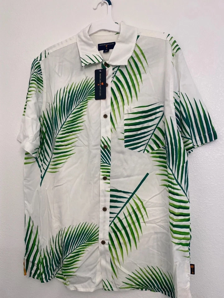 Margaritaville Men's Short Sleeve White Green Palms Button Up Shirt Size XL