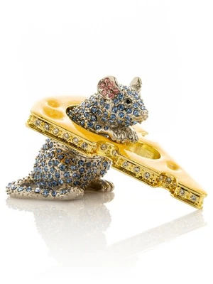 Keren Kopal Mouse with cheese Trinket box Decorated with Austrian Crystals - Image 1 of 4