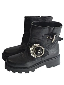 Karl Lagerfeld Paris Black Leather Motorcycle Boots Sz 6.5 Adjustable Rhinestone - Picture 1 of 11
