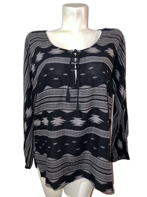 Blusa túnica antigua azul marino para mujer talla M estampado de Jack negro estampado boho global LS Foto 1 de 4