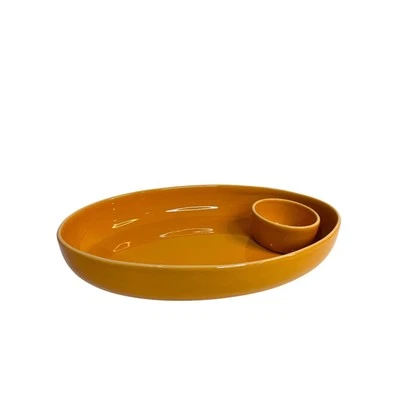 Crate & Barrel Orange Ceramic Chip and Dip Set Tray Bowl - Image 1 of 4