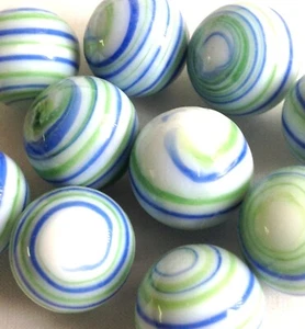 Canicas de vidrio 5/8" - 10 piezas hechas a mano blancas con rayas azules, verdes y amarillas - Imagen 1 de 2