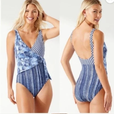 NWT Tommy Bahama Sanibelle BLUES WRAP FRONT ONE PIECE sz 16 Navy White MSRP $168 - Image 1 of 4