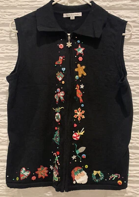 Mercer Street Studio "Ugly" Navidad Suéter Chaleco, Cremallera, Mujer M, Negro Foto 1 de 4