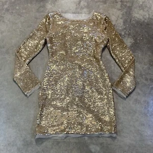 Rachel Zoe Dress Womens 0 Gold Sequin Long Sleeve Bodycon Mini Tie Back - Picture 1 of 11