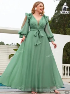 V-Neck Green Lantern Sleeve Dress With Ruffled Detailing Ruched Belted Size 2XL - Picture 1 of 7