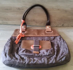 Fossil Key Per Purse Quilted Brown Orange Nylon Leather Tote Shoulder Bag Lrg - Picture 1 of 7