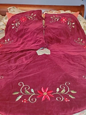 White Pine Burgundy Velvet Embroidered Holly/Poinsettia Christmas Tree Skirt EUC - Image 1 of 4