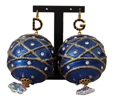 DOLCE & GABBANA Pendientes Oro Latón Azul Navidad Bola Cristal Gancho Joyería Foto 1 de 4