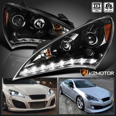 Jet Black Fits 2010-2012 Hyundai Genesis 2Dr Coupe LED Strip Projector Headlight Foto 1 de 4