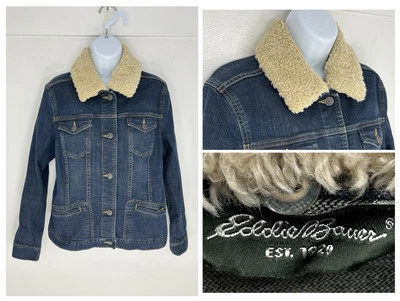 Eddie Bauer винтажный Y2K джинсовой ткани Jean куртка размер средний съемный шерпа воротник - Изображение 1 из 4